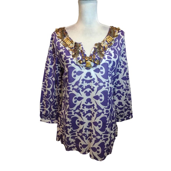 Iman v-neck long sleeve purple & white tunic top with beading - Picture 1 of 8